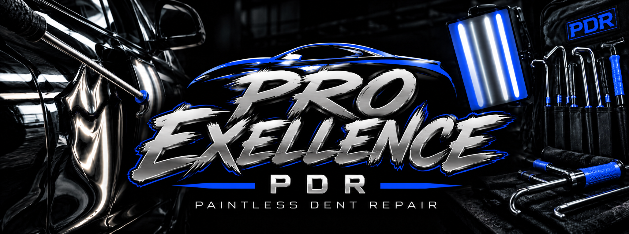 Pro Excellence PDR royal blue and silver paintless dent repair banner